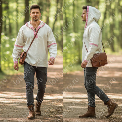 Рубаха мужская с капюшоном, небеленый лён- фото 1