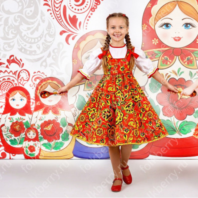 Сарафан с блузой Хохломские розы, габардин, хлопок- фото 1